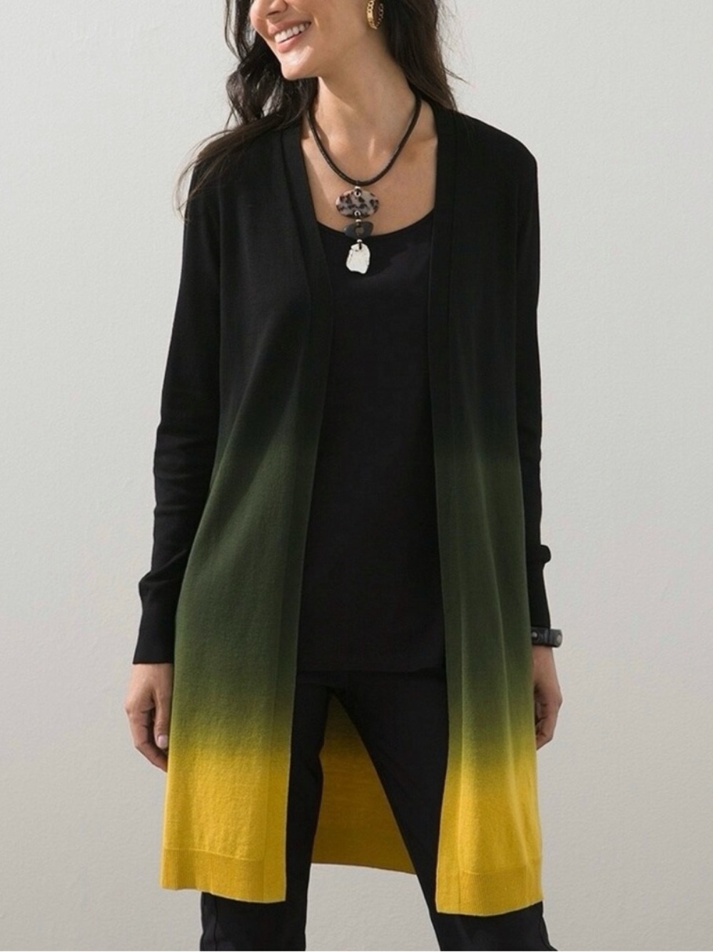 🆕 Chico's Long Cardigan Black Tunic Sweater Open Green Yellow Ombre Dip Dye 3 XL